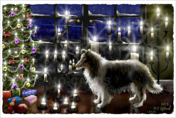 Dog standing by tree and surrounded by many lit candles