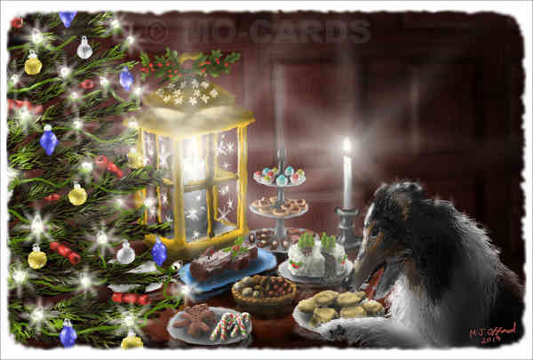 Dog takes a mincepie from table covered in cakes