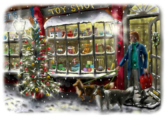 Two dogs with owner out Christmas shopping